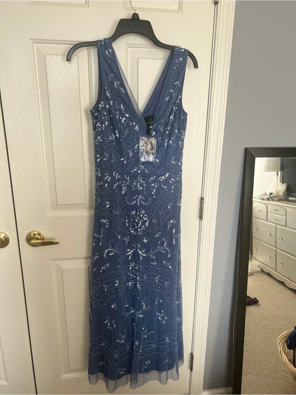 Adrianna Papell Embellished V-Neck French Blue Evening Dress